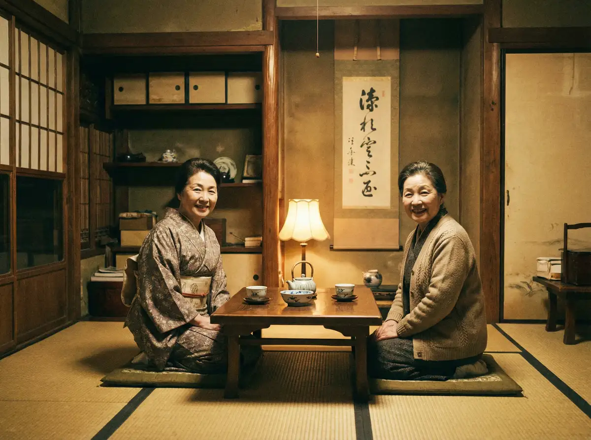 两位优雅的 飞亚体育平台 在日式茶室中品茶交谈